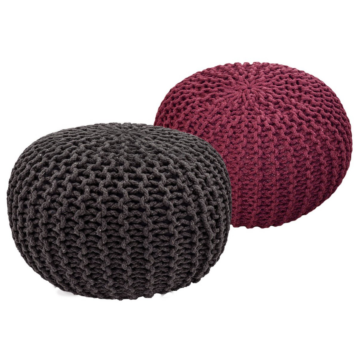 Sitzhocker Pouf SET 2 Stück Ø 55 cm H 37 cm Strickhocker Bodenkissen Grobstrick-Optik nachhaltig