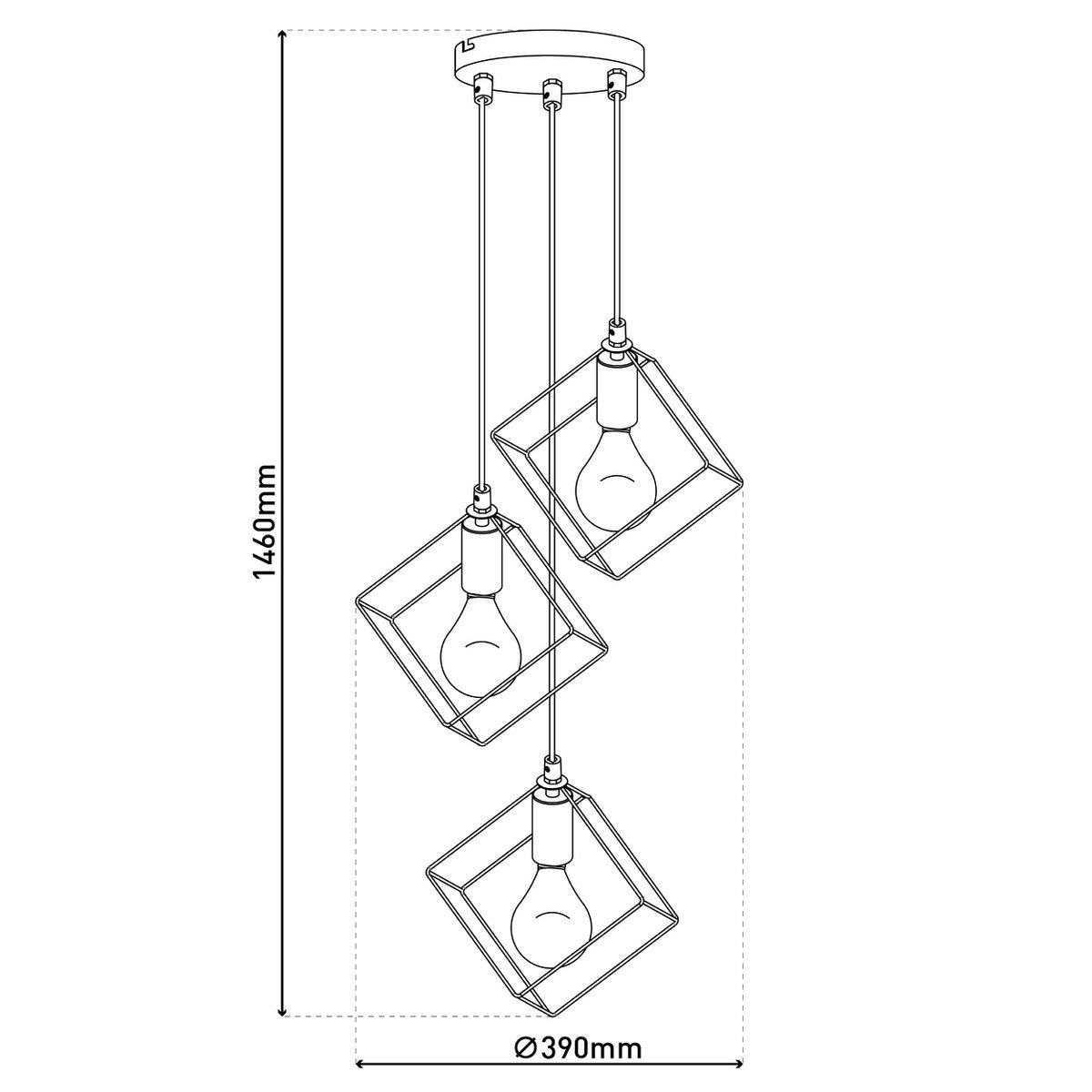 3 Flame hanglamp "Canto", hintlamp gemaakt van zwart en goud, E27-Socket-versie, voor eetkamer, woonkamer, gang of kantoor, 39 x 39 cm