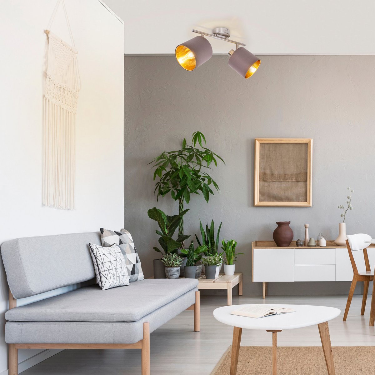 Muur en plafondlamp met 2 zitplaatsen "Maron" gemaakt van metalen satine-meter met stof paraplu's in bruin, met E14-aansluiting, lamp voor woonkamer, eetkamer, gang en kantoor, 46 x 12 cm