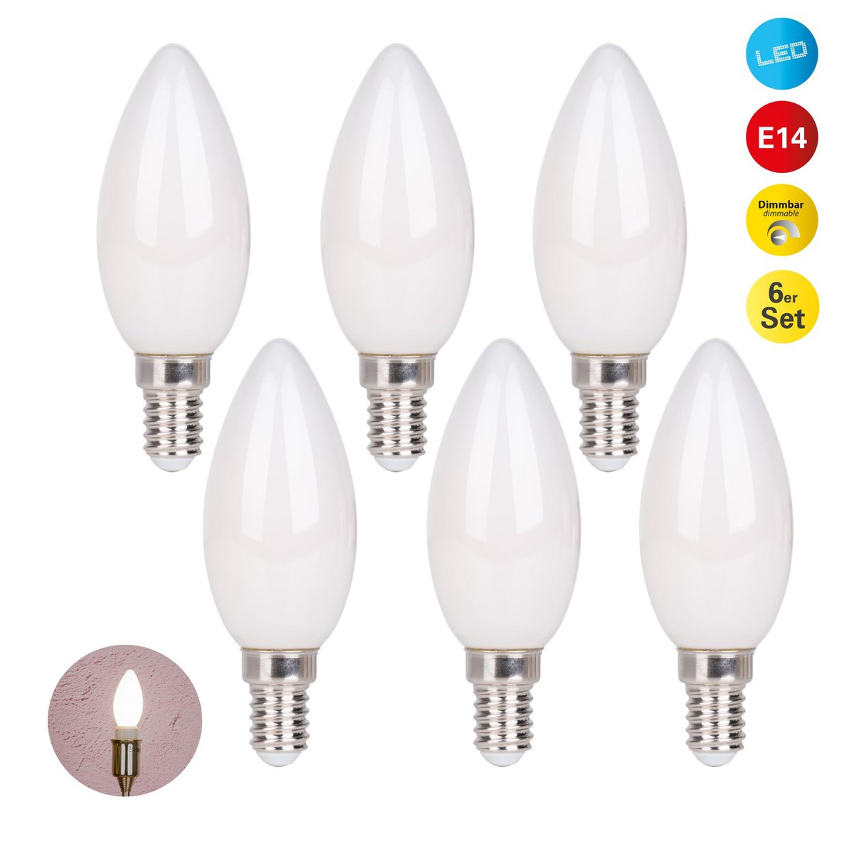 6 Set LED -lamp met E14 -aansluiting, kaarsenvorm 4 watt, gemaakt van metaal en glas, melkachtig