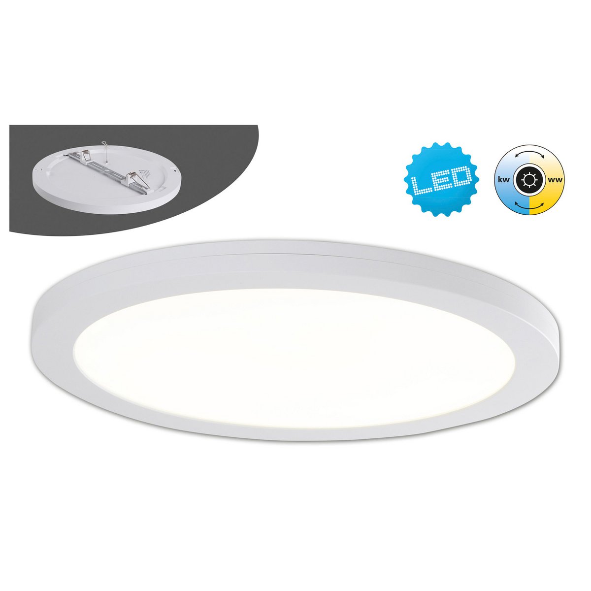 LED -plafondlamp "bonus" Ø29 cm, functionele lampinstallatie en structuur mogelijk, plafondlamp gemaakt van metaal en plastic in wit, met stevig geïnstalleerde LED's, waaronder CCT -kleurwisselaar