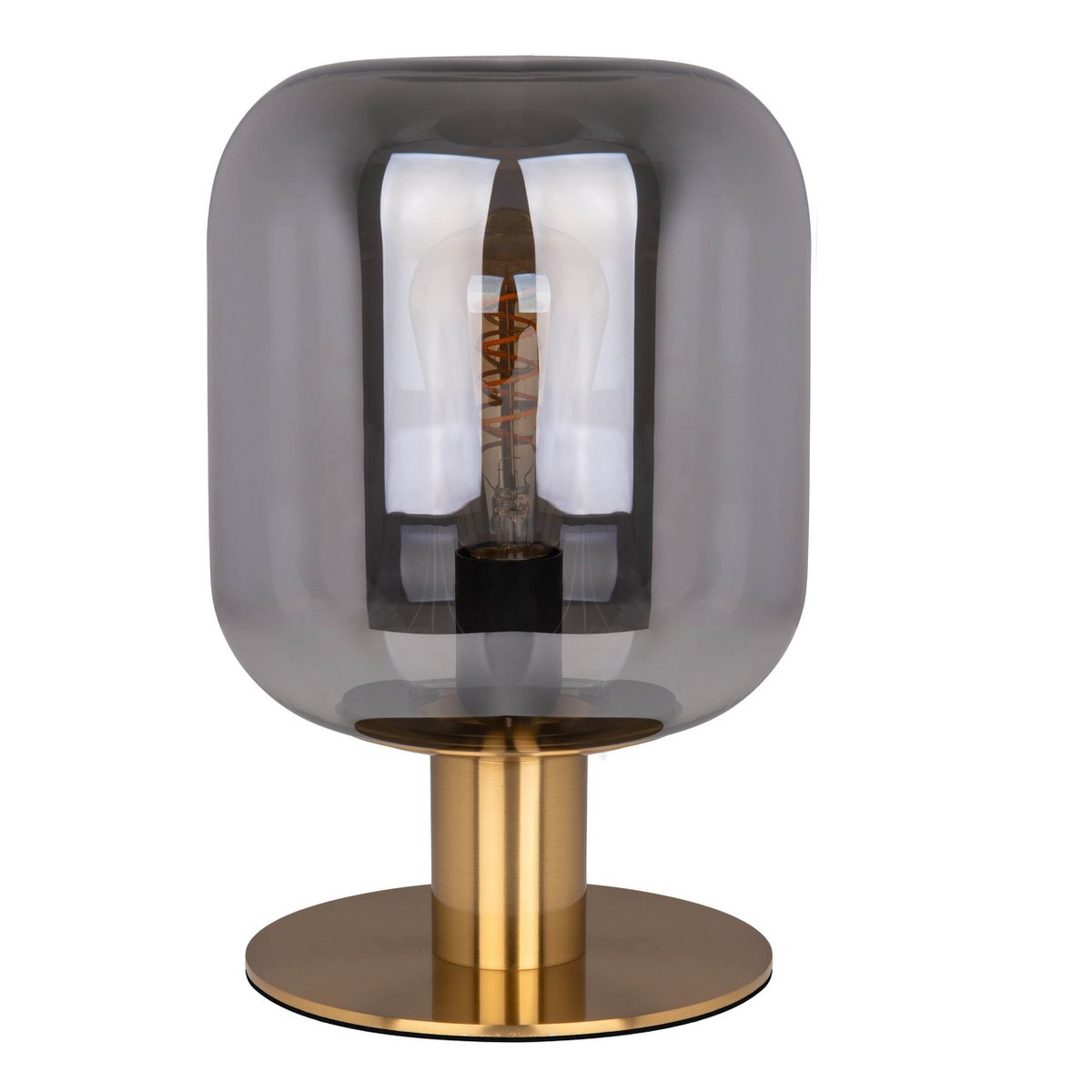 Glazen tafellicht "Alessio", 30 cm hoog, Ø 20 cm, goudkleurig metaal, rookglas, E14