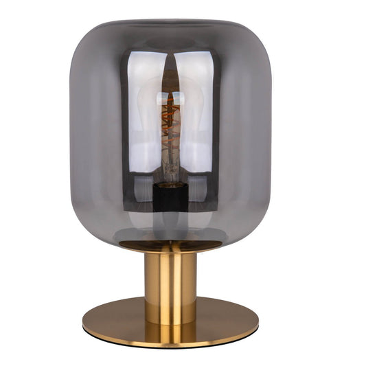 Glazen tafellicht "Alessio", 30 cm hoog, Ø 20 cm, goudkleurig metaal, rookglas, E14
