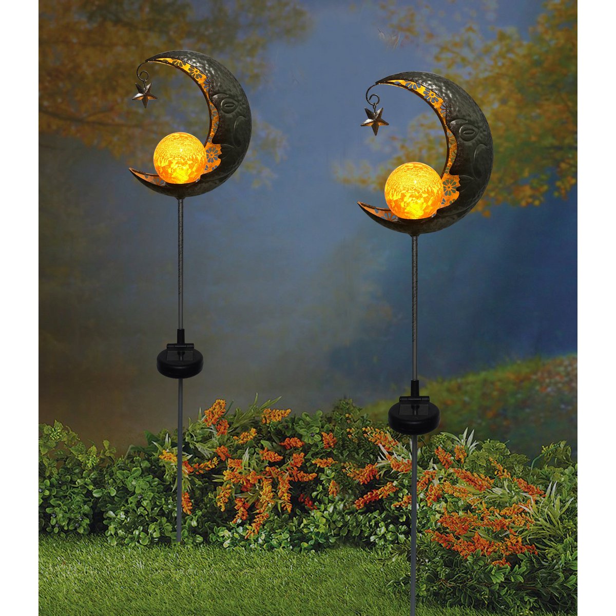 Led Solar Earth Spit "Moon", voor buiten, metaal en glazen aarde spies in zilver, met geïntegreerde LED