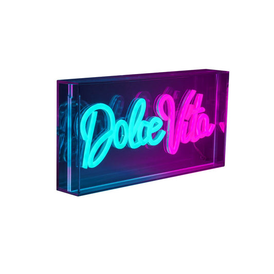 LED-lettertype licht "Dolce Vita" decoratie voor binnen 30 x 15 cm, in blauw en magenta-rood
