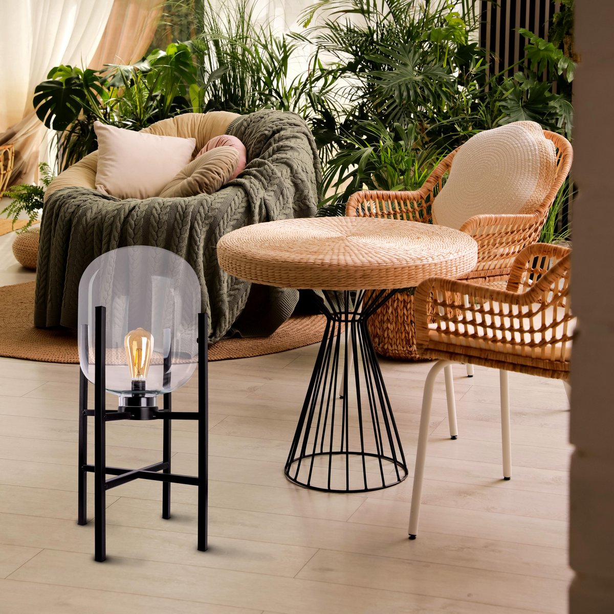 LED Socket Light "Lora" hoogte 58 cm, gemaakt van metaal en glas, gemaakt van zwart metaal en helder glas, voor binnen en buiten