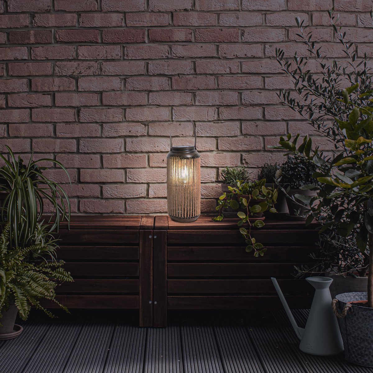 LED ZONNELIJKE LICHT "KORBINIAN" voor tuin en terras, decoratieve lamp gemaakt van metaal met jutespanning in de natuur, LED's stevig geïnstalleerd zonnelamp voor buiten 29 x 13 cm