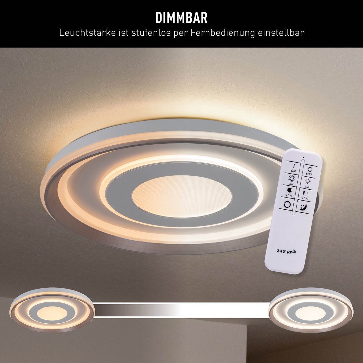LED-plafondlamp "Doira" Ø 50,5 cm, 7,5 cm hoog, metaal en plastic in zilver en wit, geïntegreerde LED's, 3600 lm licht licht, dimable, CCT-functie 3000-6500 K, nachtlichtfunctie