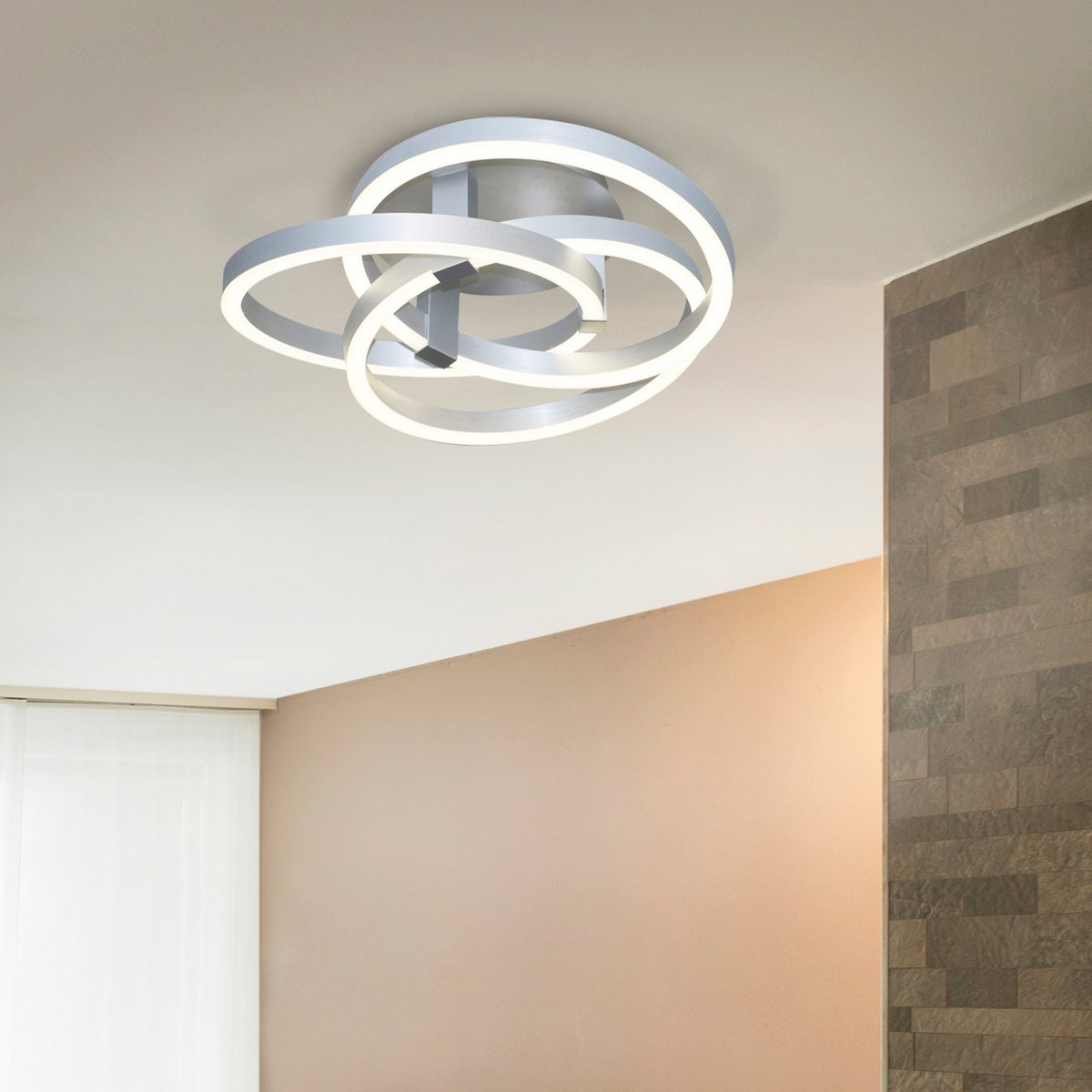 Smart Home LED plafondlicht "Divora" Ø 58 cm, plafondlamp gemaakt van metaal, aluminium geborsteld en wit plastic, met veel functies, stevig gebouwd -in LED's, verlichting voor woonkamer, eetkamerkantoor of gang