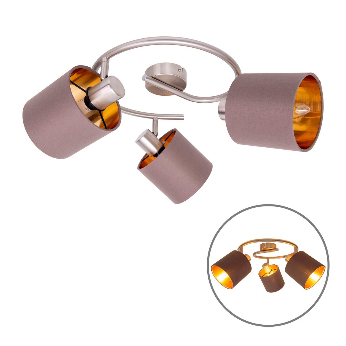 3-zits muur en plafond Rondel "Maron" gemaakt van metalen satine-meter met stof paraplu's in bruin, met E14-aansluiting, lamp voor woonkamer, eetkamer, gang en kantoor, 28,5 cm diameter