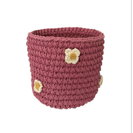 Luna -Leena -mand roze met organische bloemen - H13X12øcm - Dikke katoen - Handhaak in Nepal