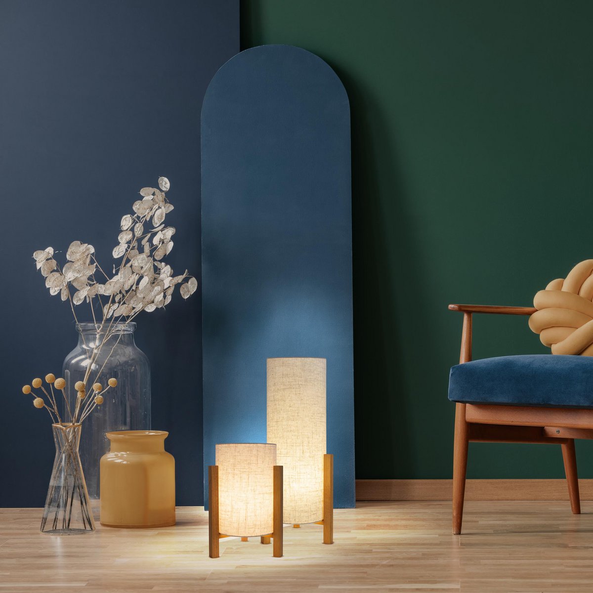 Tafellamp "Matilda" klassieke tafellamp met natuurlijk uiterlijk door hout en stofscherm, E27 -aansluiting, 52 cm hoog