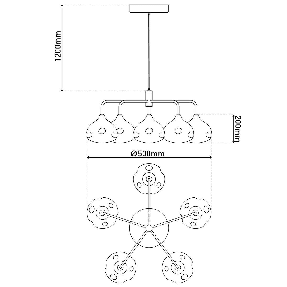 LED-hanger Lamp 5-Flame "Varna", hanglamp gemaakt van messing gekleurd metaal- en irisglas, stevig ingebouwde LED's, 50 cm diameter, stijlvolle verlichting voor woonkamer, eetkamer of gang