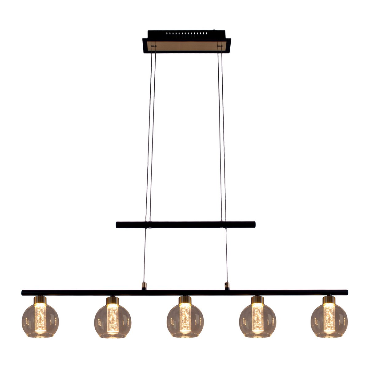 LED-glazen hanglamp "messing" zwart, klassiek, hangende lamp gemaakt van zwart metaal en glas, met stevig ingebouwde LED's, verlichting voor woonkamer, eetkamer of kantoor, 90 cm lang