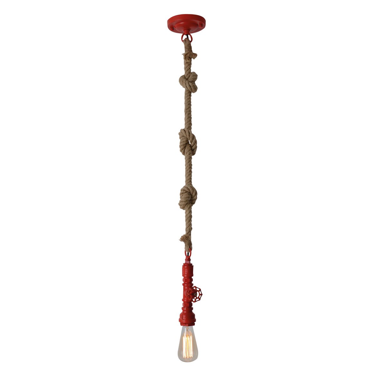 Hanger lamp "regia", rood metaal, henneptouw, E27 -versie, verlichting voor woonkamer, jeugdruimte of kantoor