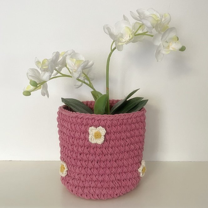 Luna -Leena -mand roze met organische bloemen - H13X12øcm - Dikke katoen - Handhaak in Nepal