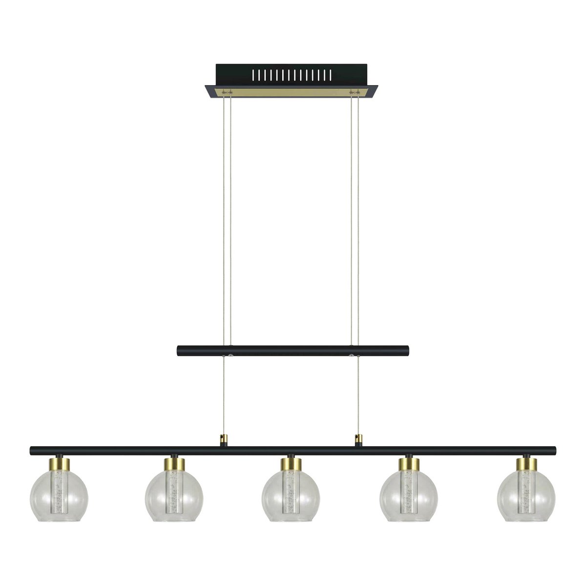 LED-glazen hanglamp "messing" zwart, klassiek, hangende lamp gemaakt van zwart metaal en glas, met stevig ingebouwde LED's, verlichting voor woonkamer, eetkamer of kantoor, 90 cm lang