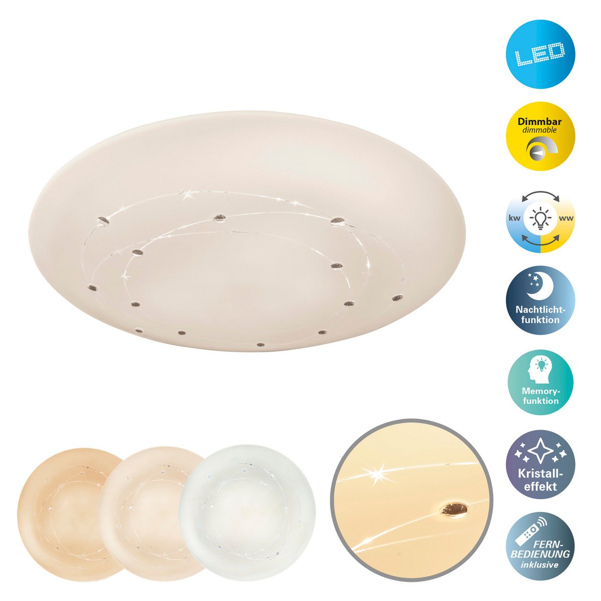 LED -plafondlamp Lissabon met kristaleffect, plafondlamp, metaal en plastic, wit, geïntegreerde LED, verlichting voor woonkamer, kantoor of gang
