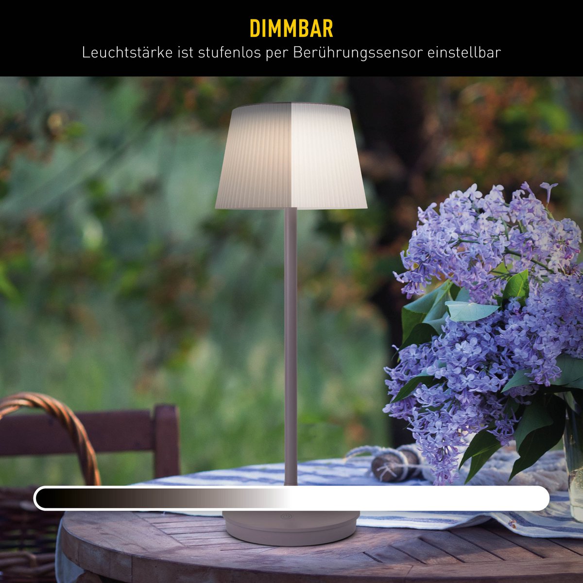 Zonne -batterijlamp "EMMI" 38 cm hoog, paraplu Ø 13 cm, metaal in bramen en wit plastic, voor de buitenruimte, dimable CCT.