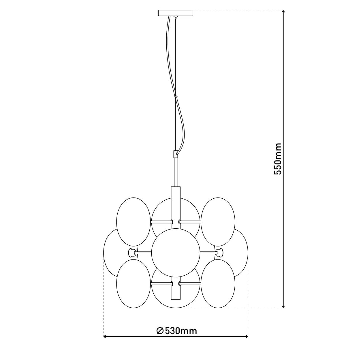 Hanger lamp "Orion" Ø ca. 53 cm barnsteen, gemaakt van messing gekleurd metaal en glas in barnsteen, G9-sockets, verlichting voor woonkamer, eetkamer of kantoor.