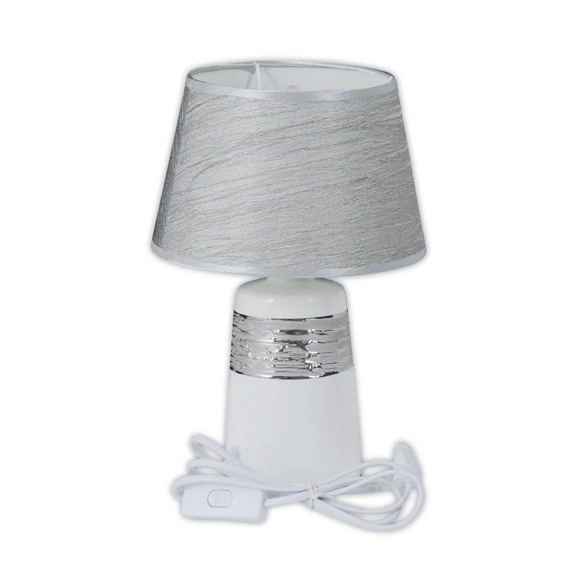 Keramische tafellamp "Vittoria" 31 cm hoog, Ø 20 cm, gemaakt van keramiek, metaal en stof gemaakt van polyester, wit en zilver