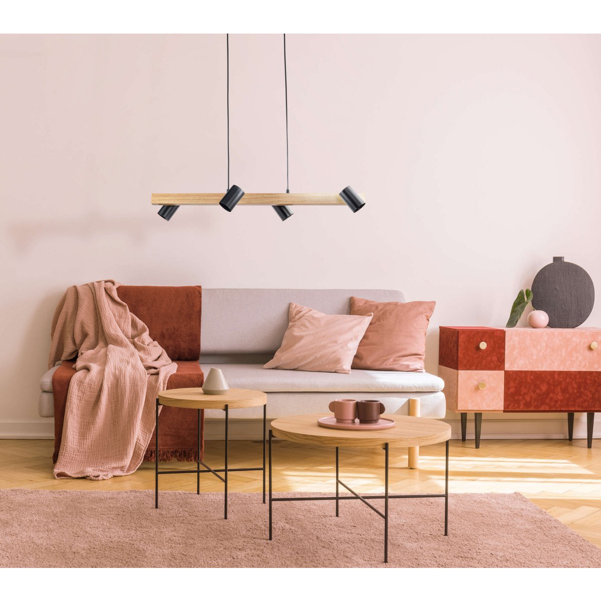 4 hanglamp "Frida" metaal en hout in zwart, en de natuur, hangende lamp, GU10, hanglamp voor eetkamer, woonkamer, gang of kantoor, 80 cm lang