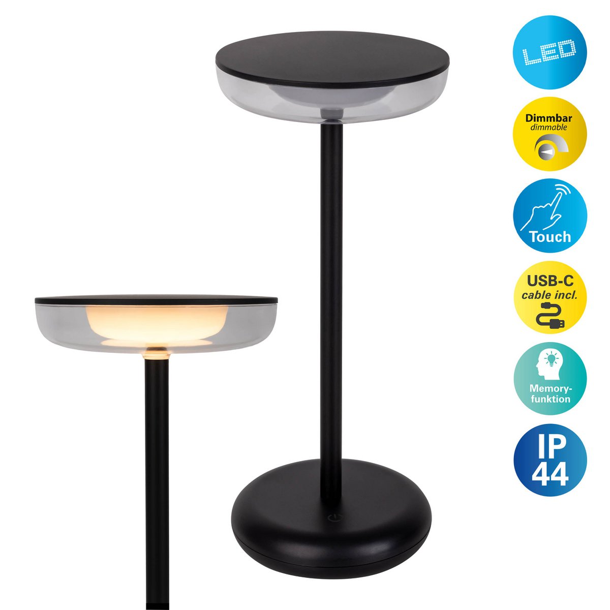 Noteloze tabletlamp "PASI" voor buiten en binnen, gemaakt van metaal en plastic in zwart, dimbaar, met aanraking en geheugenfunctie, ca. 26 cm hoog