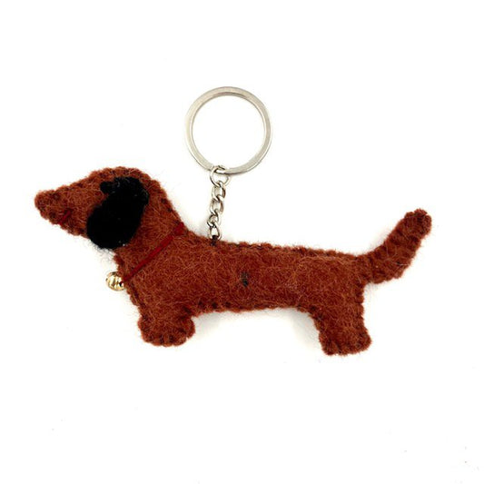Luna -Leena Keychain Flat Dachshund - Bag Charm - Bruin - Wool Filt - Handmade in Nepal