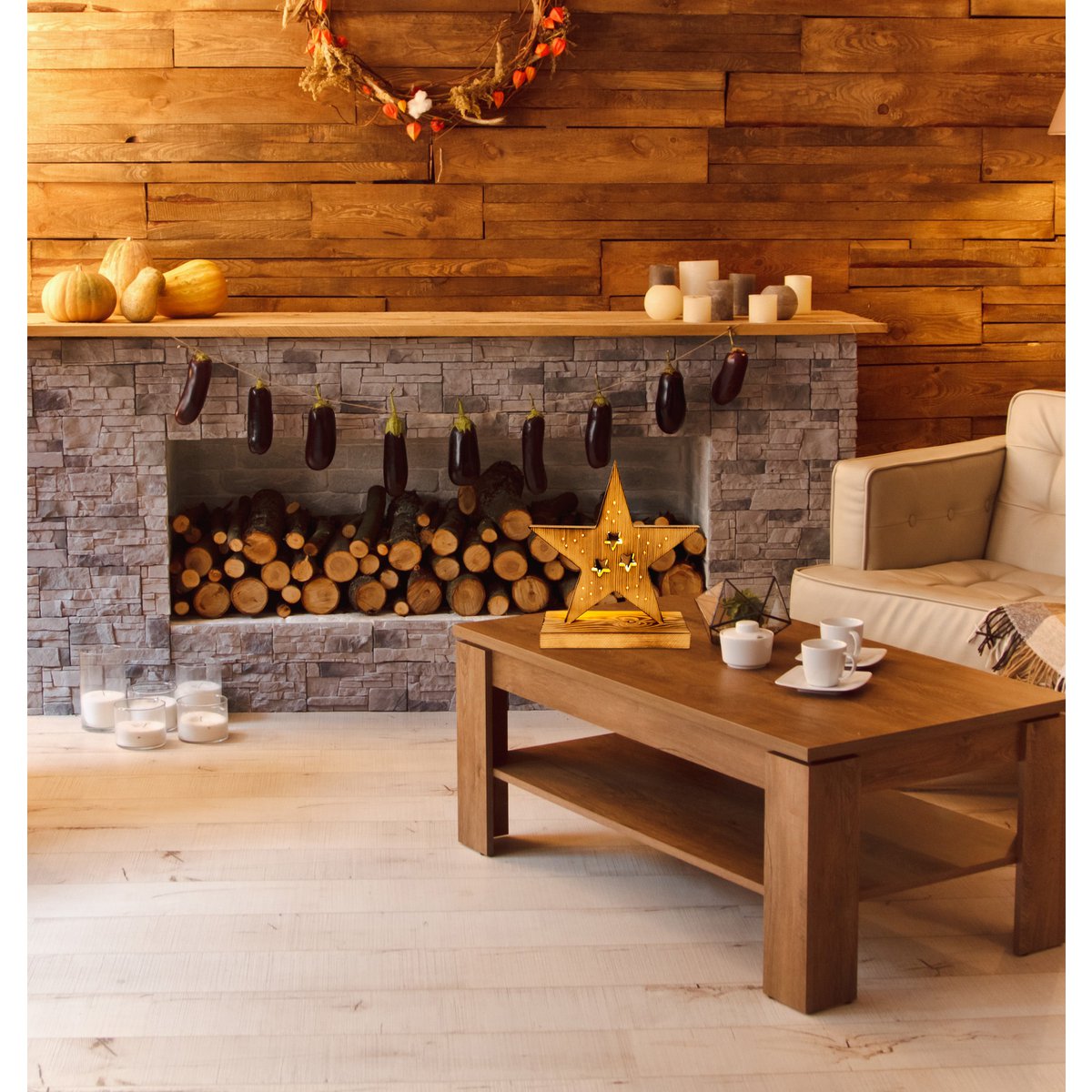 LED Wood Star 29 cm High Christmas Decorations gemaakt van hout in de natuur, met stevig geïnstalleerde LED's