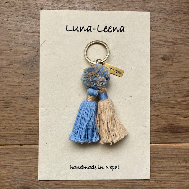 Luna -Leena Keychain Twin Tassels Blue/Sand - Bag Charm - Organic Cotton - Handmade in Nepal - Bag Hanger