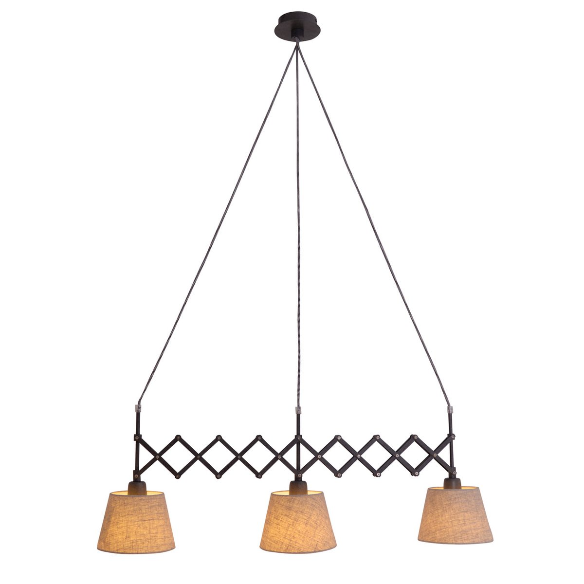Shear hanger lamp "Adrienne", breedte uit te strekken van 52-100 cm, gemaakt van bruin metaal met natuurlijk gekleurde textiel parasols, E27-versies, verlichting voor woonkamer, eetkamer of kantoor