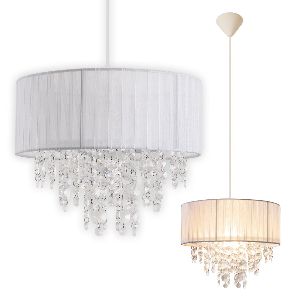 Decoratieve hanglamp "Crystallo", hanglamp gemaakt van metaal, transparant plastic en wit textielmateriaal, E27 -aansluiting, voor eetkamer, woonkamer, gang of kantoor, 30 cm diameter