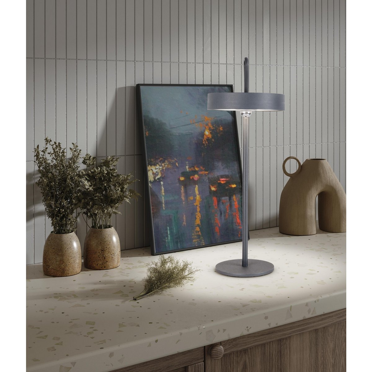 LED -batterijtafellamp magnetisch "ella" voor buiten en binnen, gemaakt van metaal en plastic in grijs, 35 cm hoog