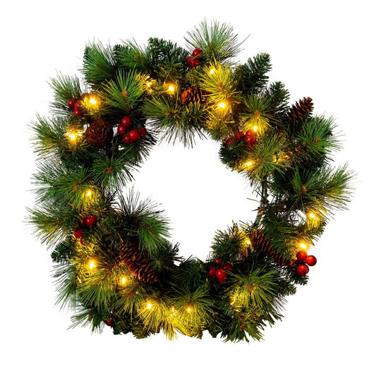 LED Kerstkrans "Noel" Outdoor Decoratie gemaakt van metaal en plastic in groen en goud, met stevig geïnstalleerde LED's