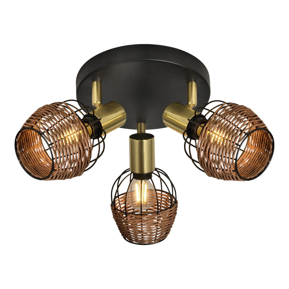 3 "Corbis" plafond Rondel, metalen plek in zwart, met goud en rattan, met E14 -aansluiting, voor eetkamer, woonkamer, gang of kantoor, verlichting voor woonkamer, eetkamer of kantoor, 38 cm diameter, diameter van 38 cm