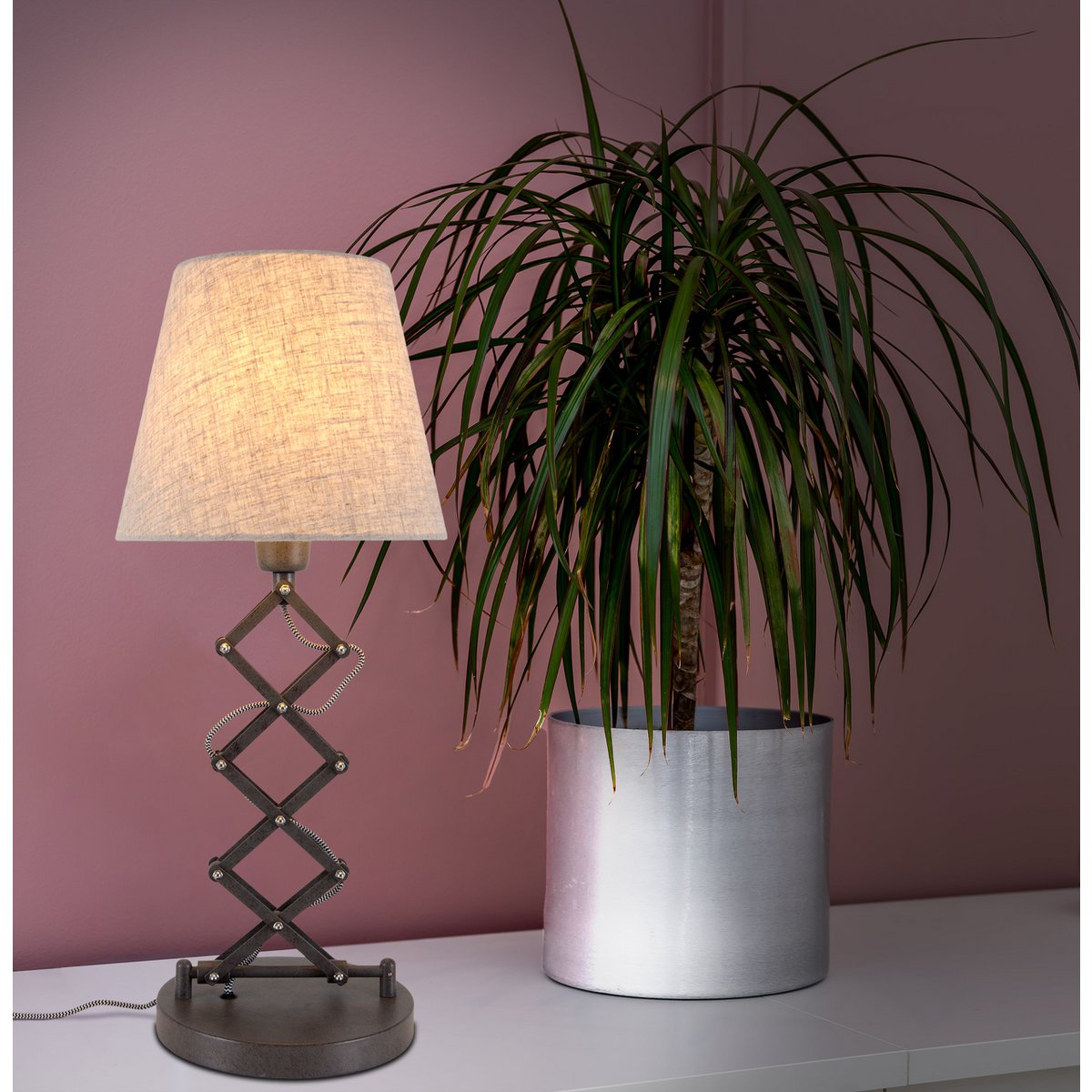 Scarfish Lamp "Adrienne", lengte van 37-71 cm, gemaakt van bruin metaal met natuurlijk gekleurde textielparaplu's, E27-aansluiting, verlichting voor woonkamer, eetkamer of kantoor