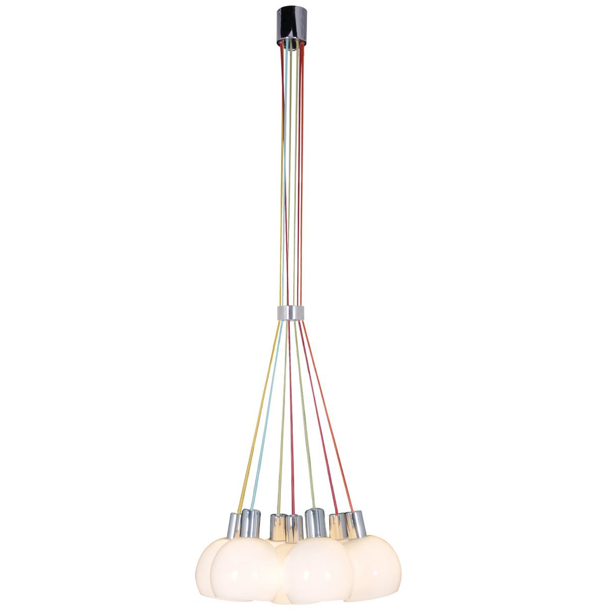 Hanglamp "regenboog-bowl" in totaal 120 cm hoog, 7 glazen schermen Ø 16 cm, gemaakt van chroomkleurig metaal, opaalwit glas en kleurrijke voeding, E14-versies