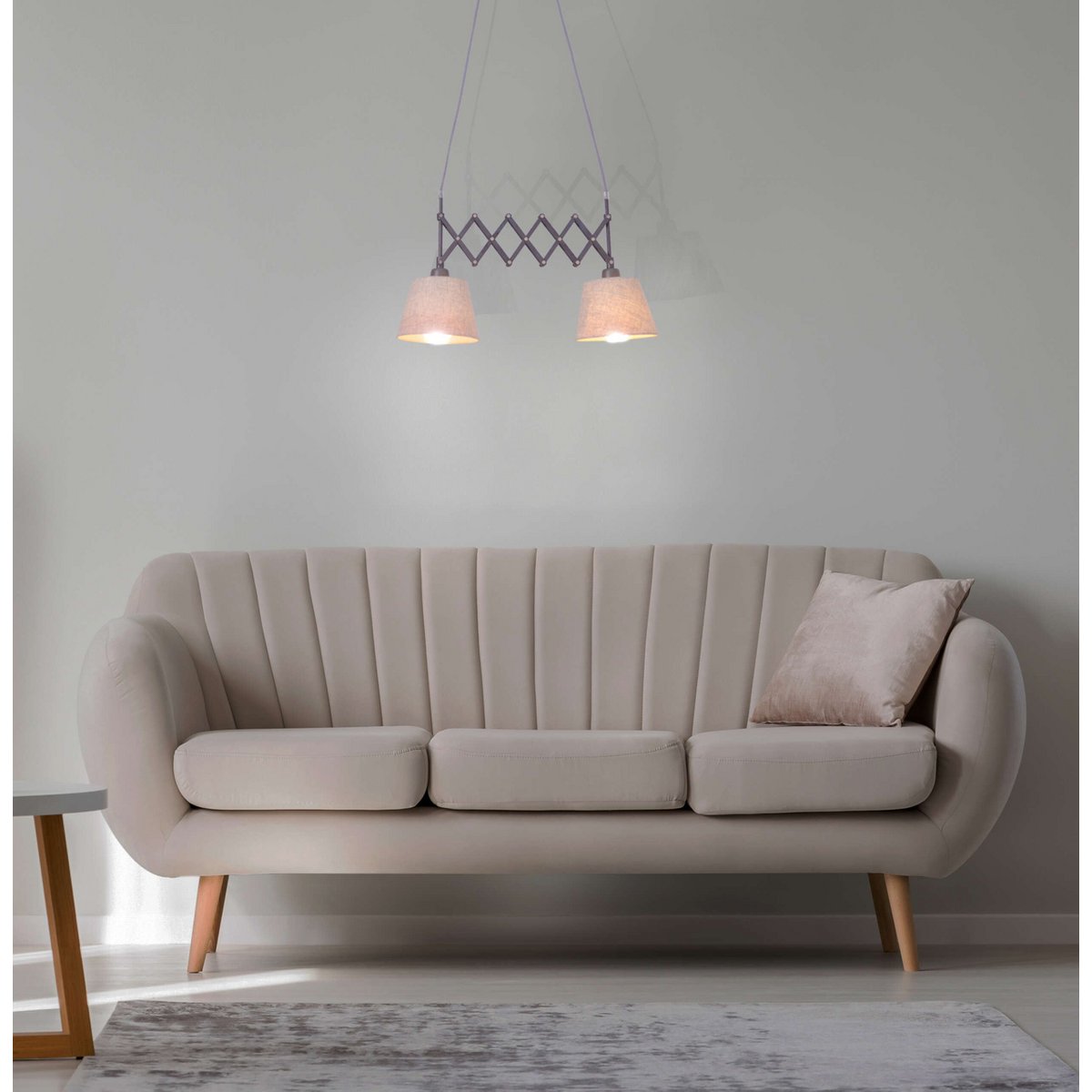 Schaar hanglamp "Adrianne", breedte uit te strekken van 35-57 cm, gemaakt van bruin metaal met natuurlijk gekleurde textiel parasols, E27-versies, verlichting voor woonkamer, eetkamer of kantoor