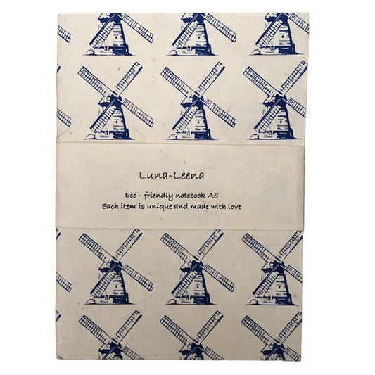 Luna-Leena 2x notitieboekje A5 Hollandse molenprint - koningsblauw - zachte kaft - ecovriendelijk papier - handgemaakt in Nepal