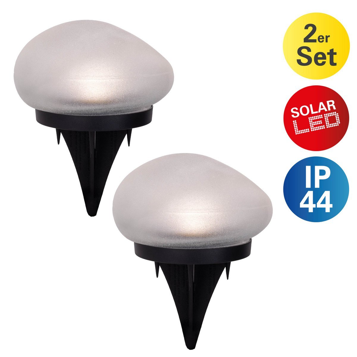 De spiesjes "Guri" 14 x 12 cm, 8,5 cm hoog, zwart plastic, zwaar, transparant glas, geïntegreerde LED's, warm wit