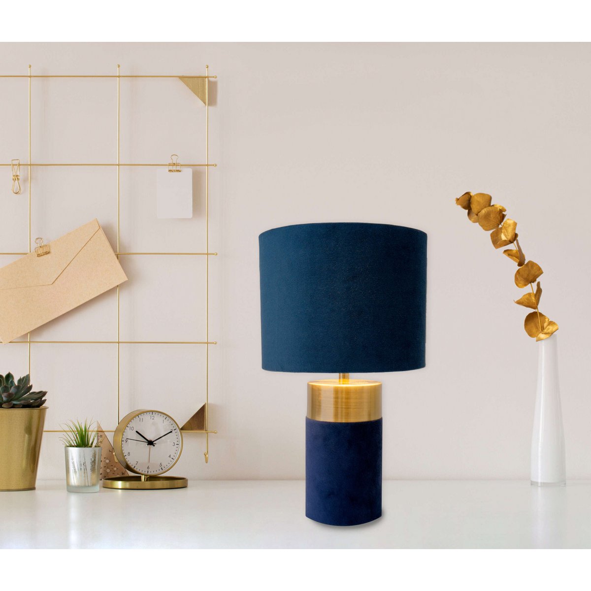 Tafellamp "bordo" 32 cm hoog gemaakt van metaal en velours in goud en blauw, met E14 -versie, lamp voor eetkamer, woonkamer, gang of kantoor