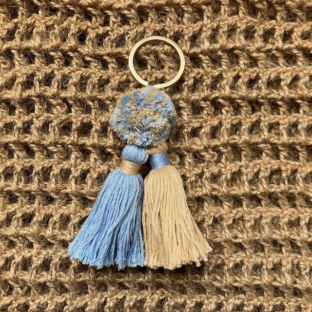 Luna -Leena Keychain Twin Tassels Blue/Sand - Bag Charm - Organic Cotton - Handmade in Nepal - Bag Hanger