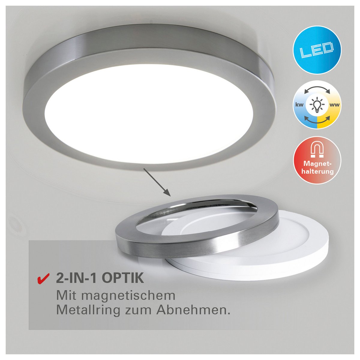 LED -plafondlamp "bonus", functie, metalen plafondlamp en plastic, ringen in chroom en wit kunnen worden gewijzigd, met stevig ingebouwde LED's, 22,5 cm diameter