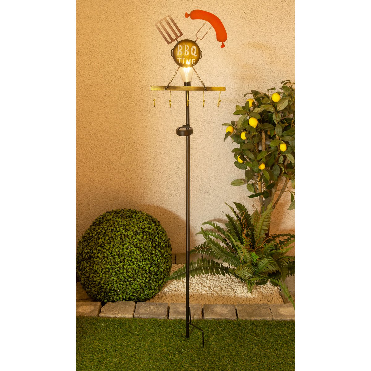 LED Solar Earth Spit H: 130 cm (BBQ), voor buiten, gemalen spiesjes gemaakt van metaal en plastic in roest, met geïntegreerde LED