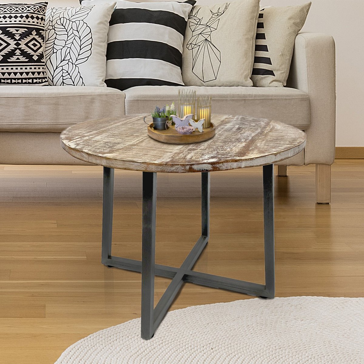 Salontafel rond 60 cm woonkamertafel bijzettafel Cannes metalen frame zwart wit antiek zilver