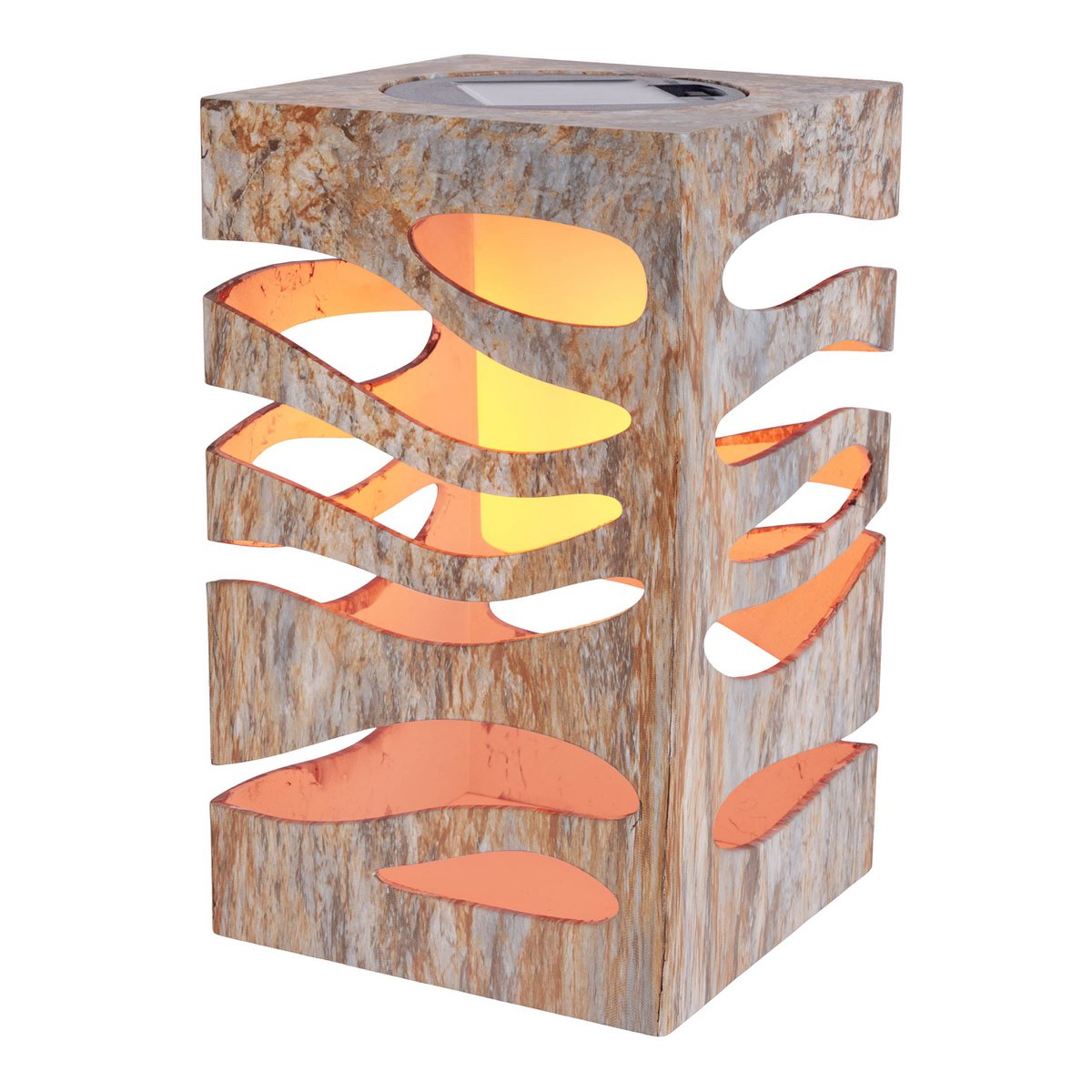 LED Decoratief-Solar Light "Hilda", 12,3 x 12,3 cm, 20 cm hoog, gemaakt van hoogwaardige plastic, bruin-beige marmeren afwerking, geïntegreerde LED, warm wit