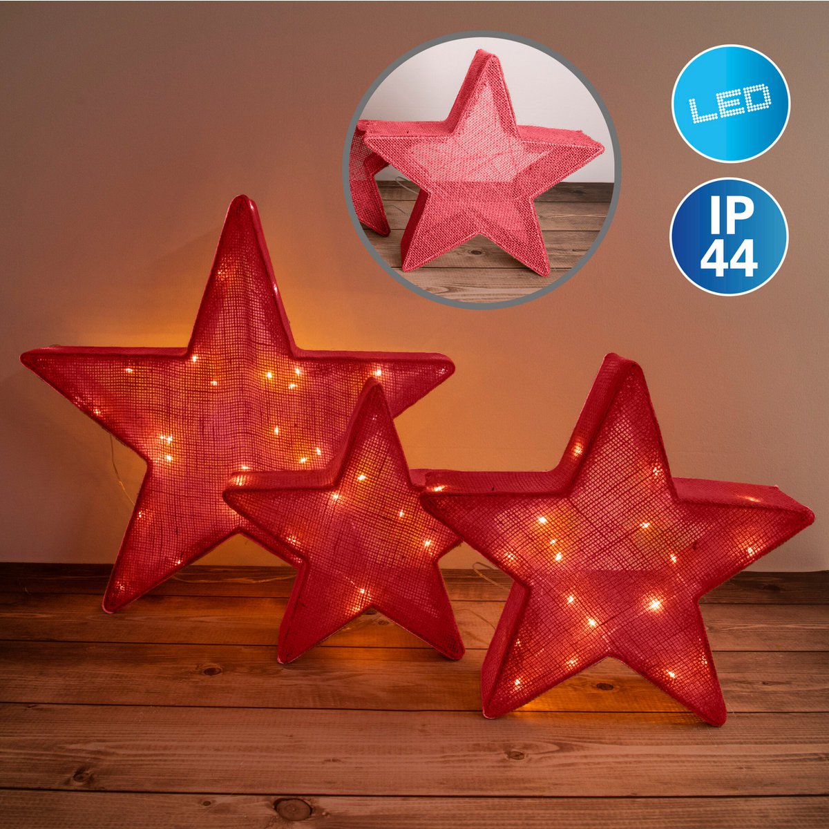 3 Set LED Decoration Christmas Stars Rood