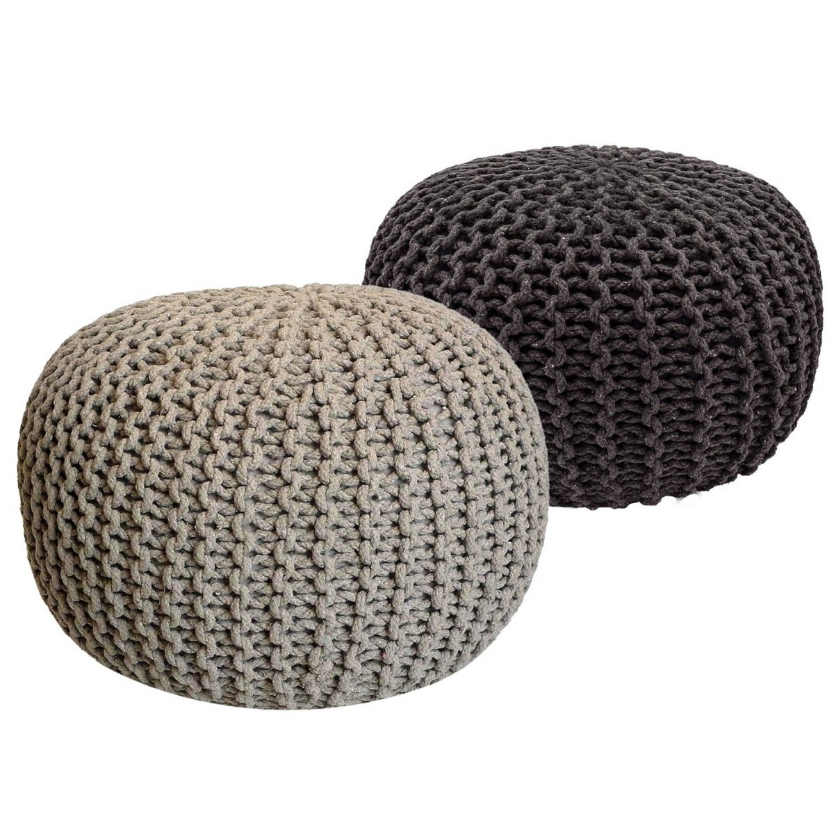 Sitzhocker Pouf SET 2 Stück Ø 55 cm H 37 cm Strickhocker Bodenkissen Grobstrick-Optik nachhaltig