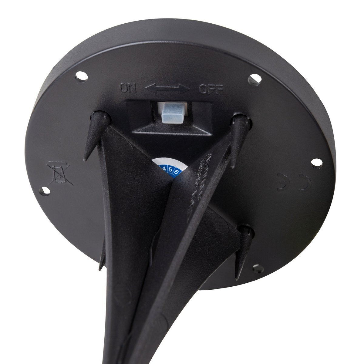 De spiesjes "Guri" 14 x 12 cm, 8,5 cm hoog, zwart plastic, zwaar, transparant glas, geïntegreerde LED's, warm wit