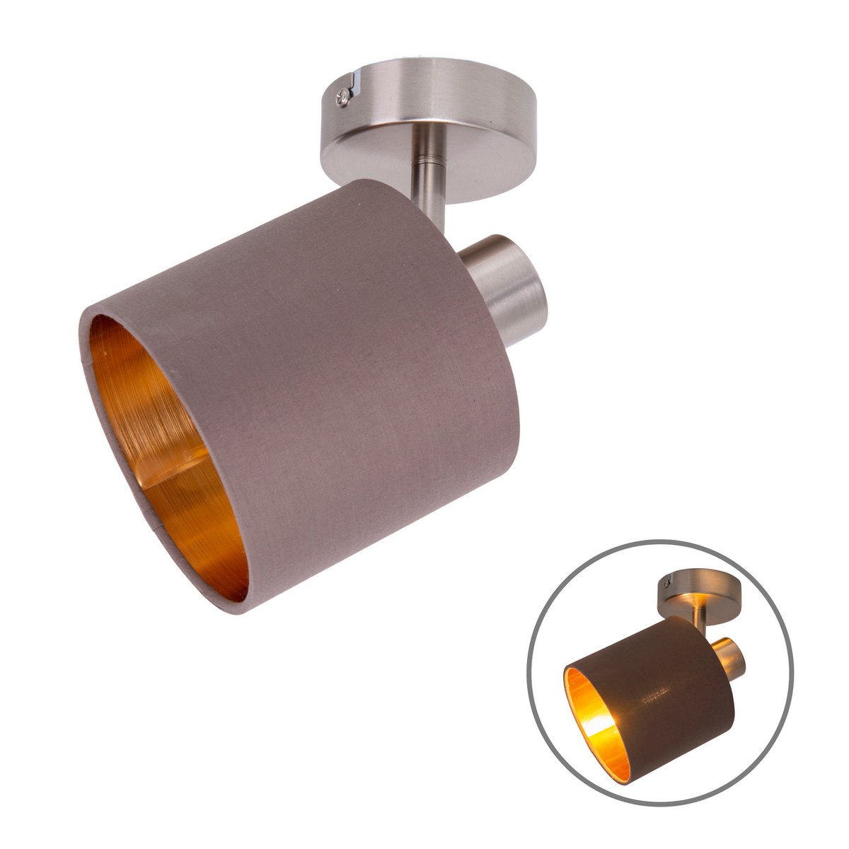 1er muur- en plafondvlek "Maron" gemaakt van metalen satin-mat met stof paraplu in bruin, met E14-aansluiting, lamp voor woonkamer, eetkamer, gang en kantoor, ongeveer. 17 x 12 cm